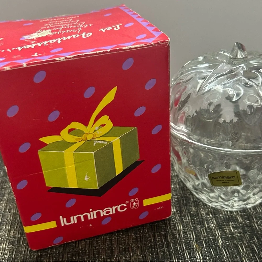 Vintage Strawberry Lidded Glass Trinket Candy Dish in Original Luminarc Box 1992
